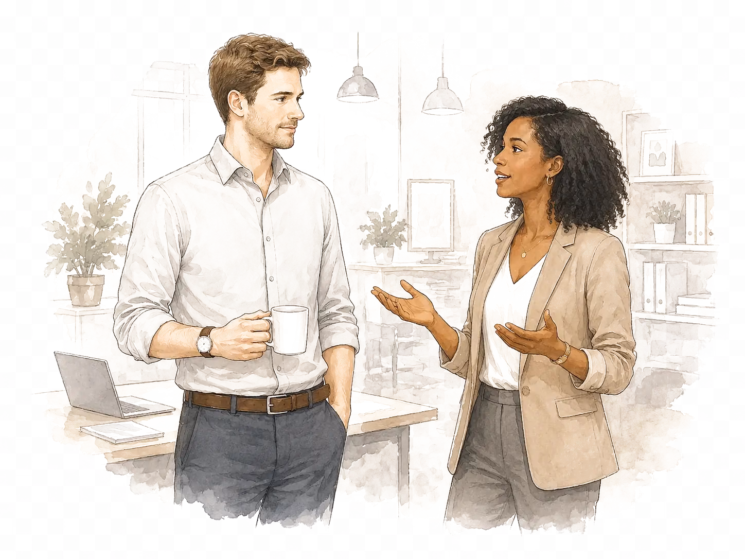 An illustration of two marketing leaders in conversation.