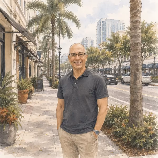 Mark Mountan on a palm-lined city street