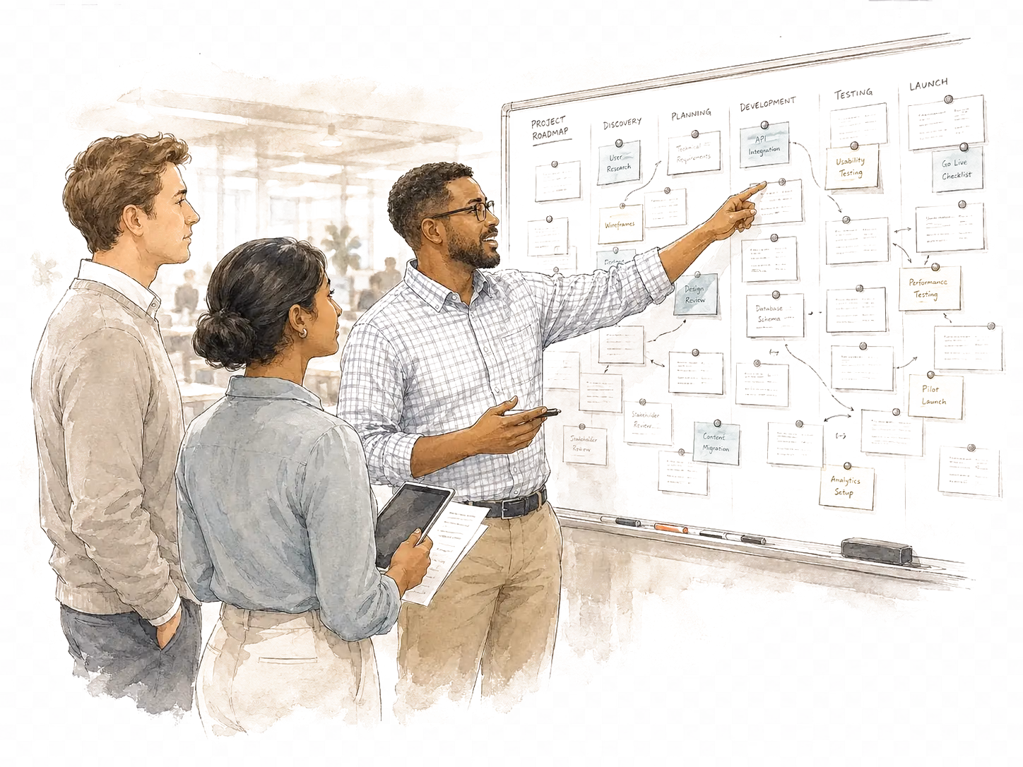 An illustration of three marketing colleagues mapping a project roadmap on a whiteboard.