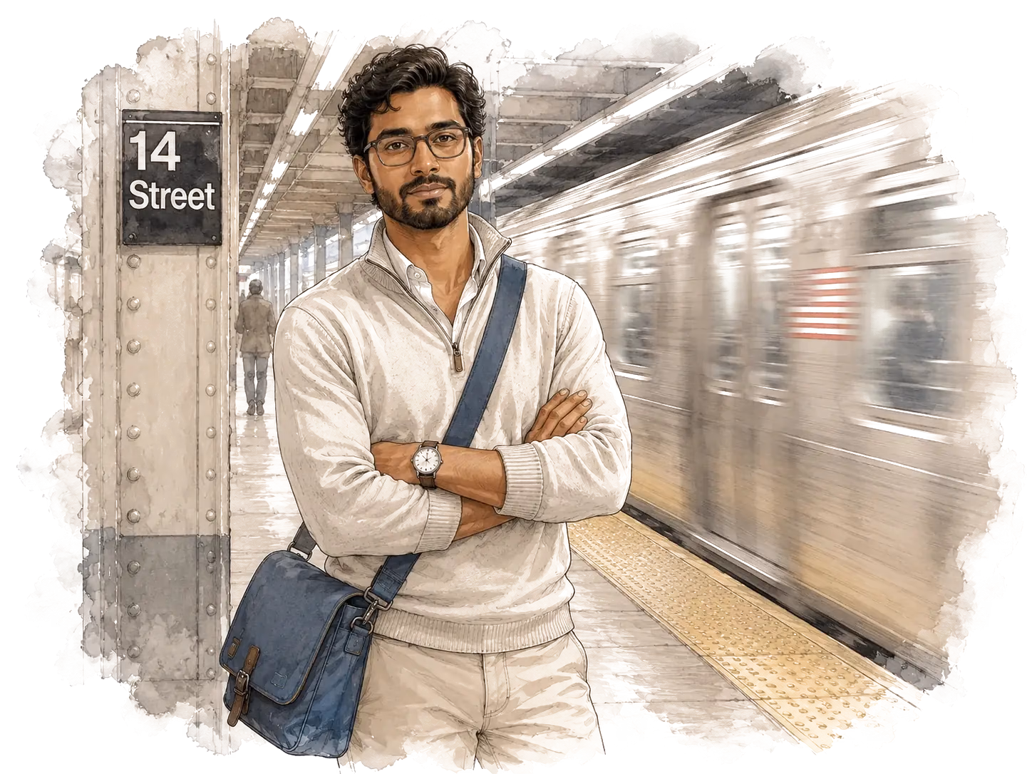 An illustrated commuter standing on a platform as a train rushes past