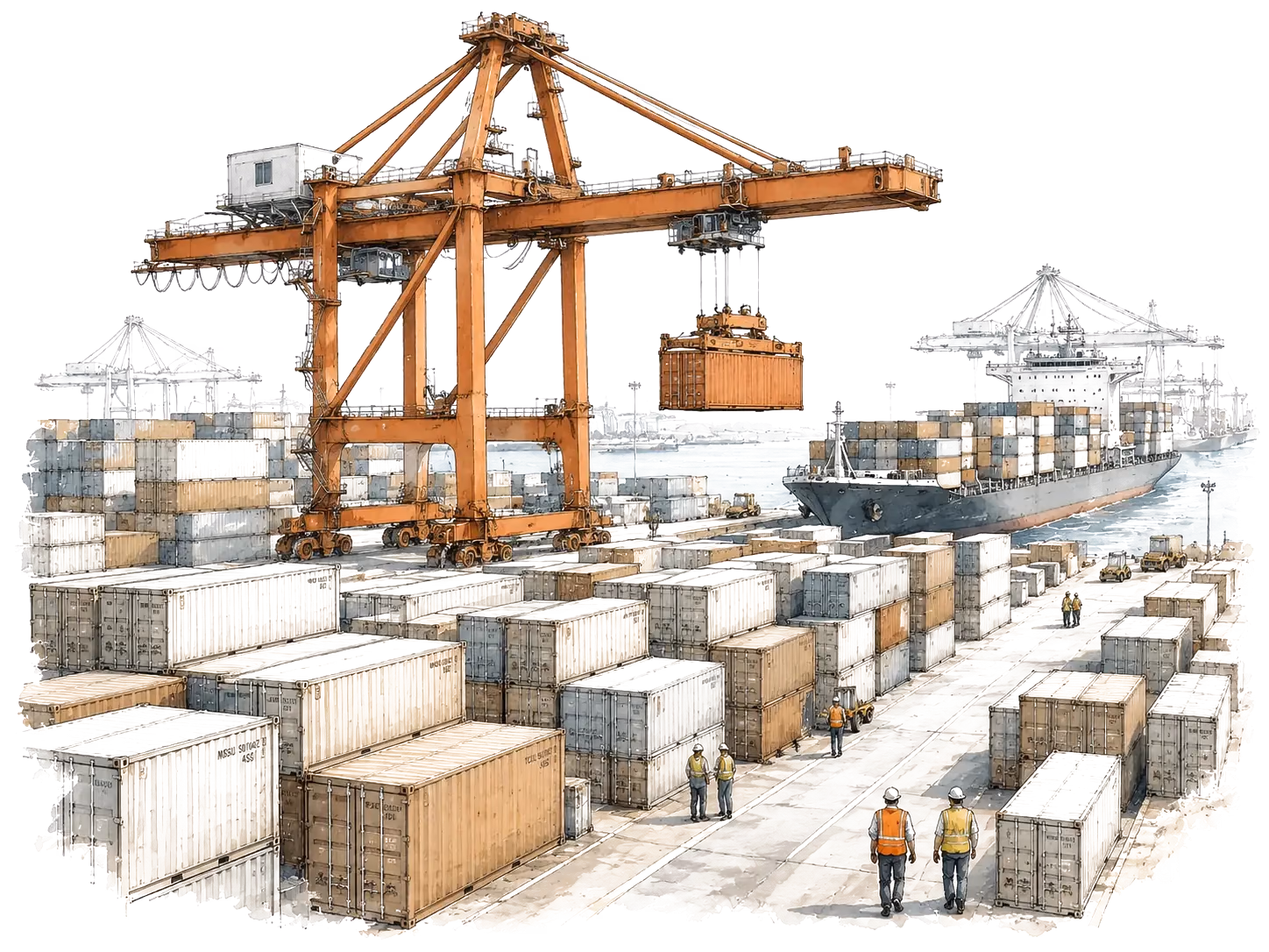 An illustration of a busy container shipping port with cranes and dockworkers.