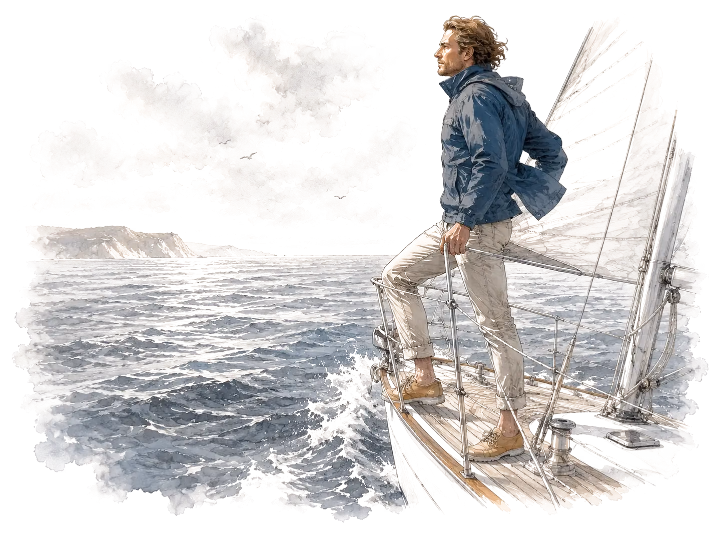 An illustration of a man at a sailboat bow looking out to the horizon.