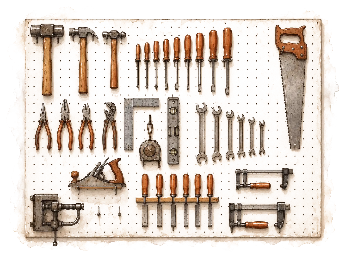An illustration of a pegboard neatly organized with workshop tools.