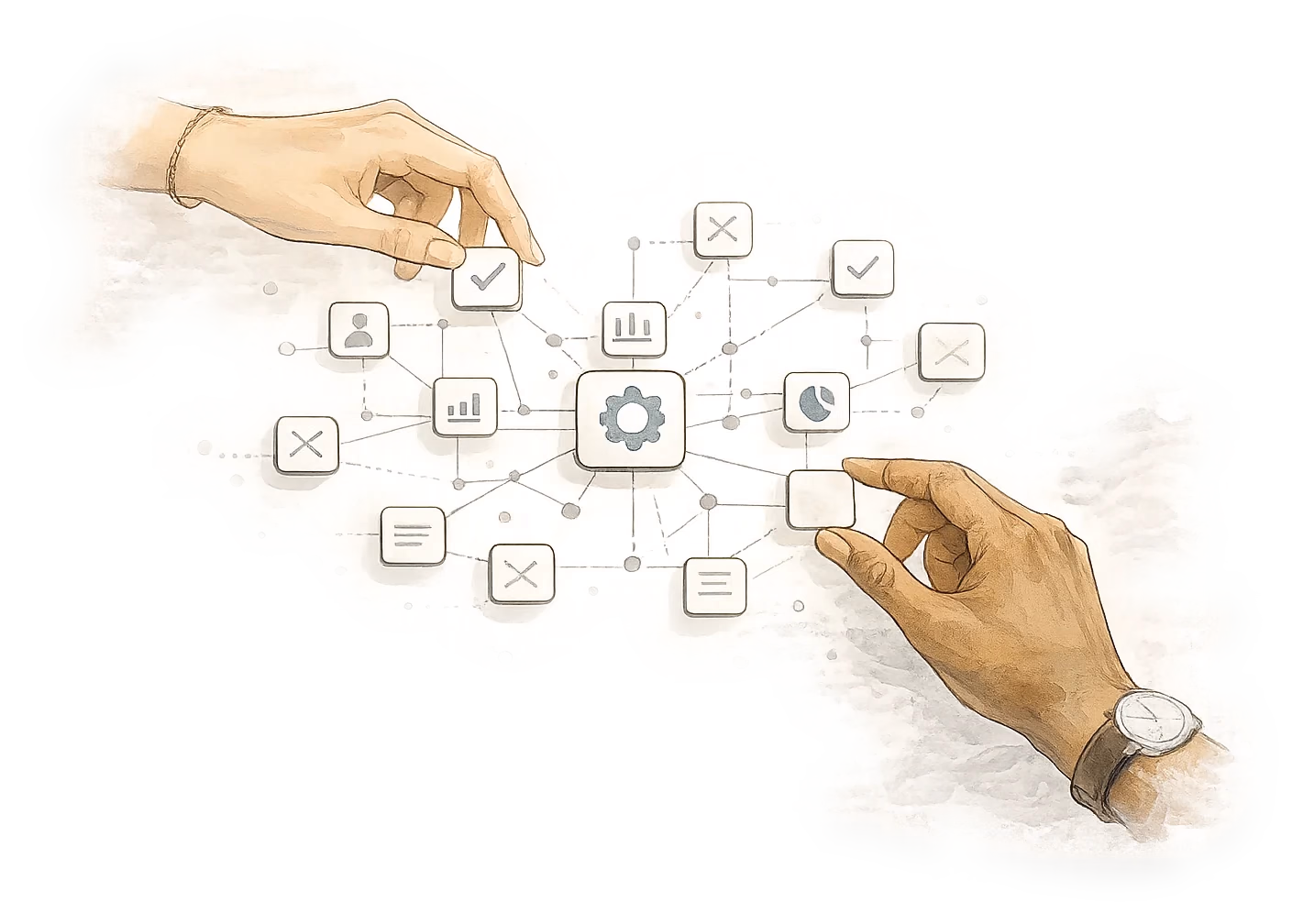 An illustration of two hands assembling a connected network of marketing capability icons.