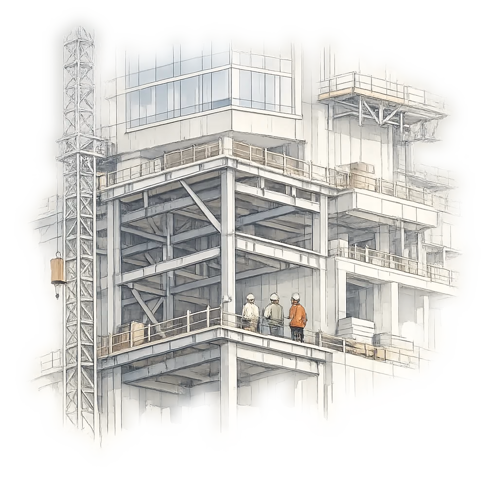 An illustration of a building under construction, its structural frame exposed.