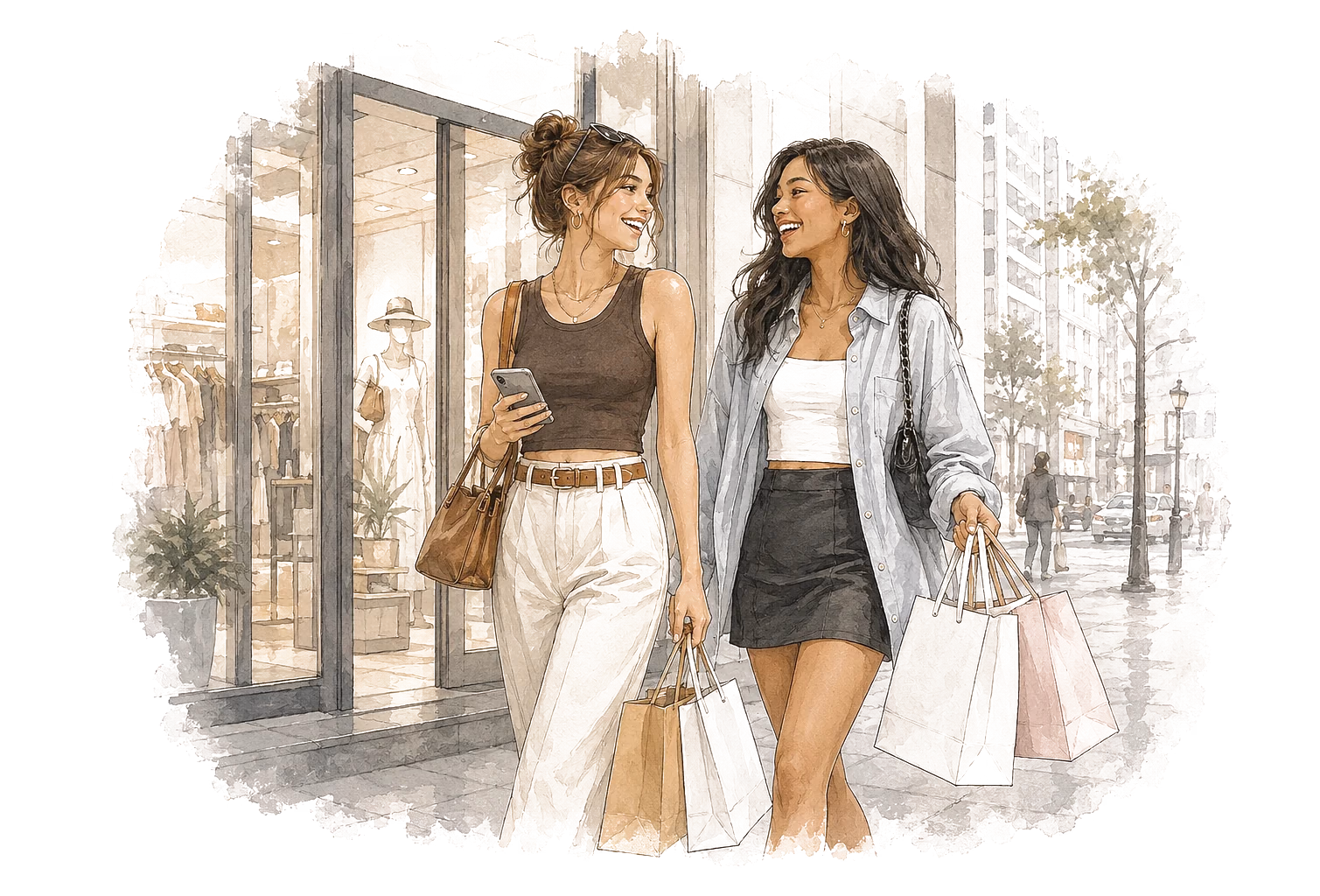 An illustration of two women shopping, carrying bags on a city street.
