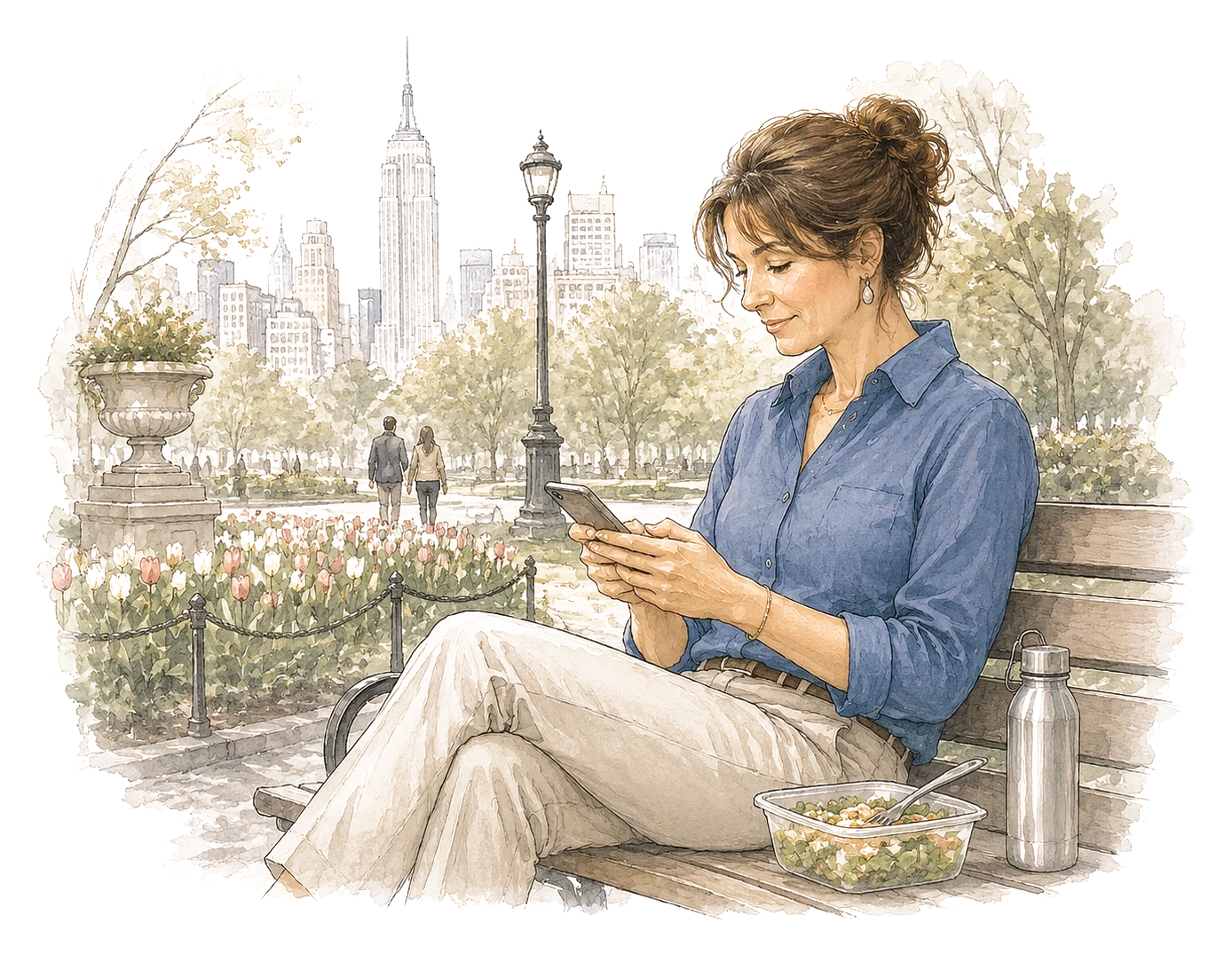 An illustration of a woman reading on a park bench in the city.